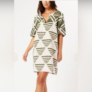 Emerson Fry Caftan Organic Cotton ONE SIZE V Neck Front Short Sleeve Green